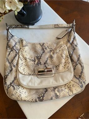 Coach with hang tag Python-Print Shoulder Bag in Beige and Cream.